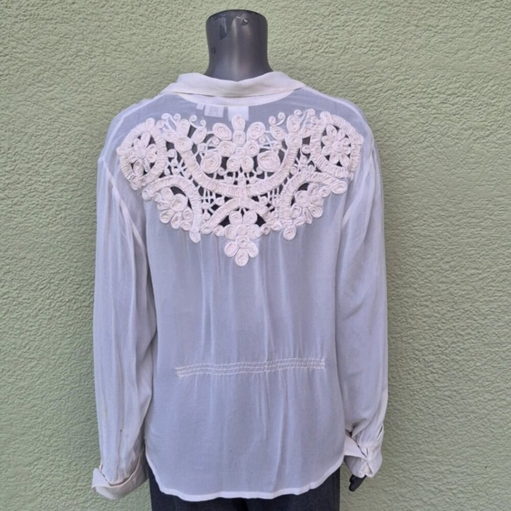Together Brand (India) Ladies White Button-Up Blouse W/ Embroiderd Upper Back
